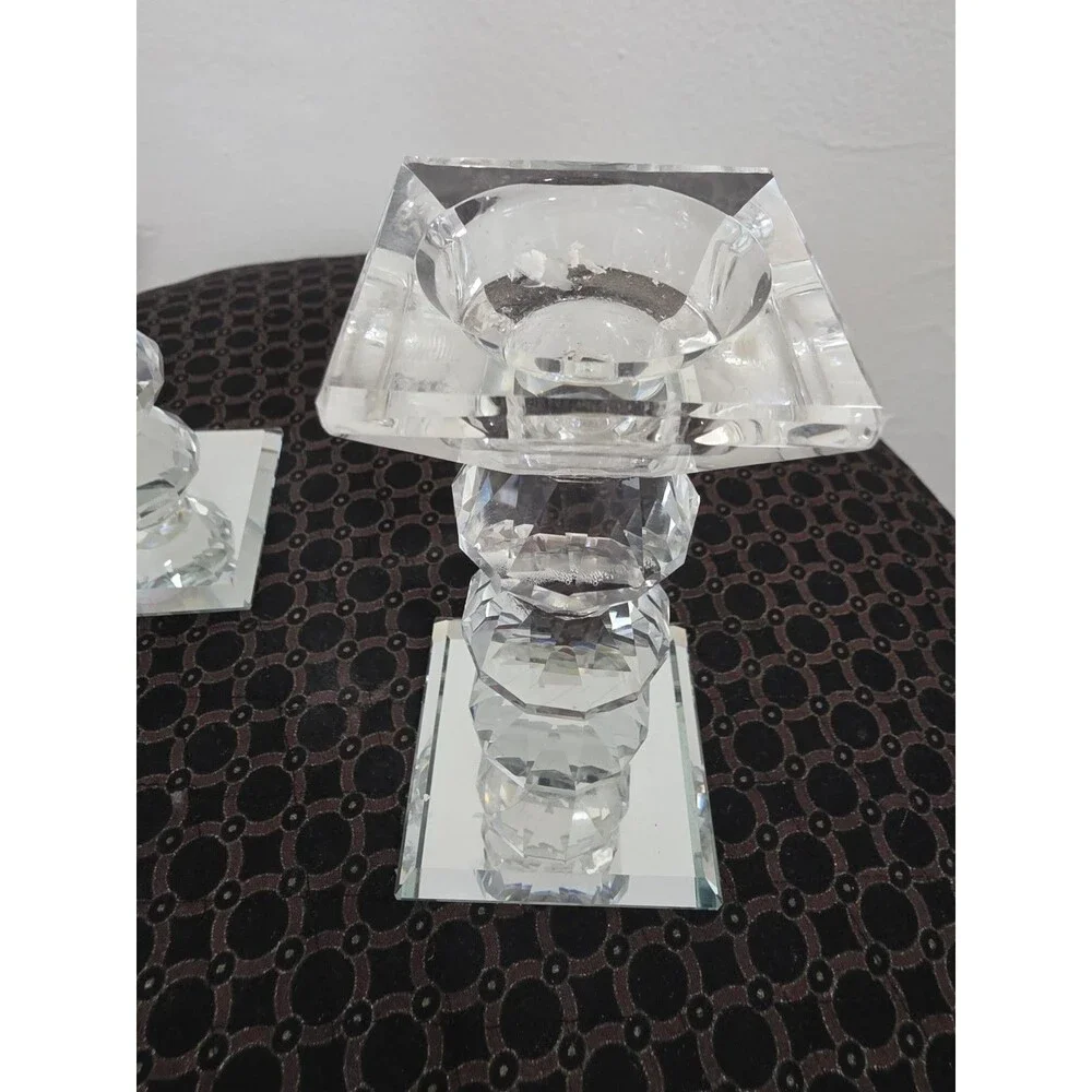 Art Deco CRYSTAL Set of 2  Gemstone Cut PRISM Pillar Candlestick Holder Pair